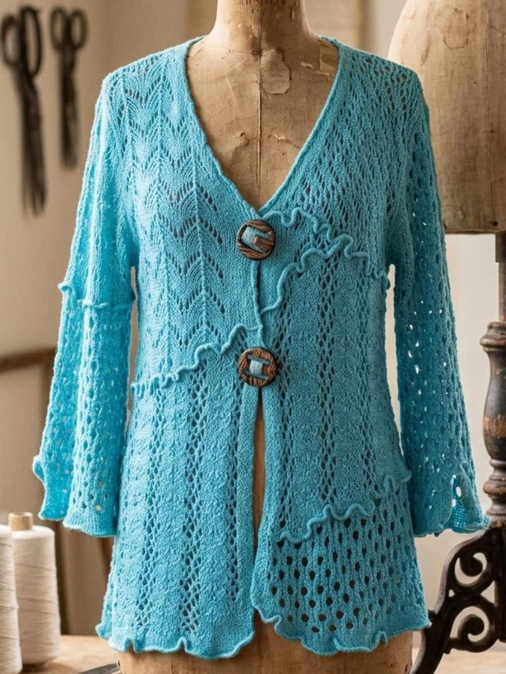 Lisa International Turquoise Crochet Cardigan L Boho Bell Sleeve Open Knit